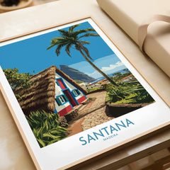 Framed Santana Madeira travel art print showing a traditional cottage and palm tree.