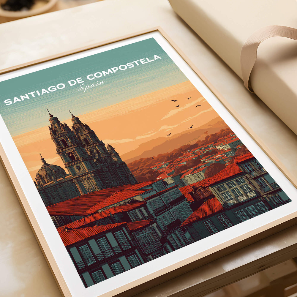 Santiago de Compostela Skyline Print | Spanish Travel Wall Decor featuring iconic architecture and a vibrant sunset.