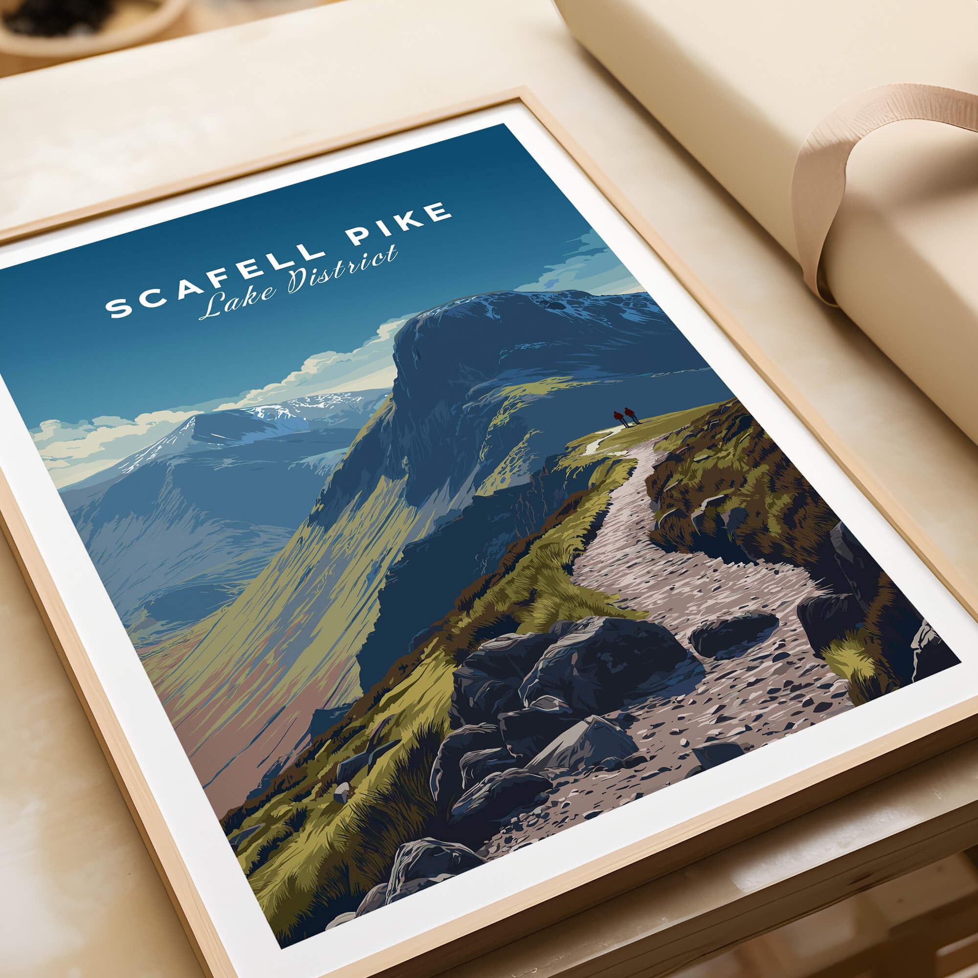Scafell Pike Lake District Wall Art Print | English Mountain Peak Travel Poster featuring a scenic hiking path.