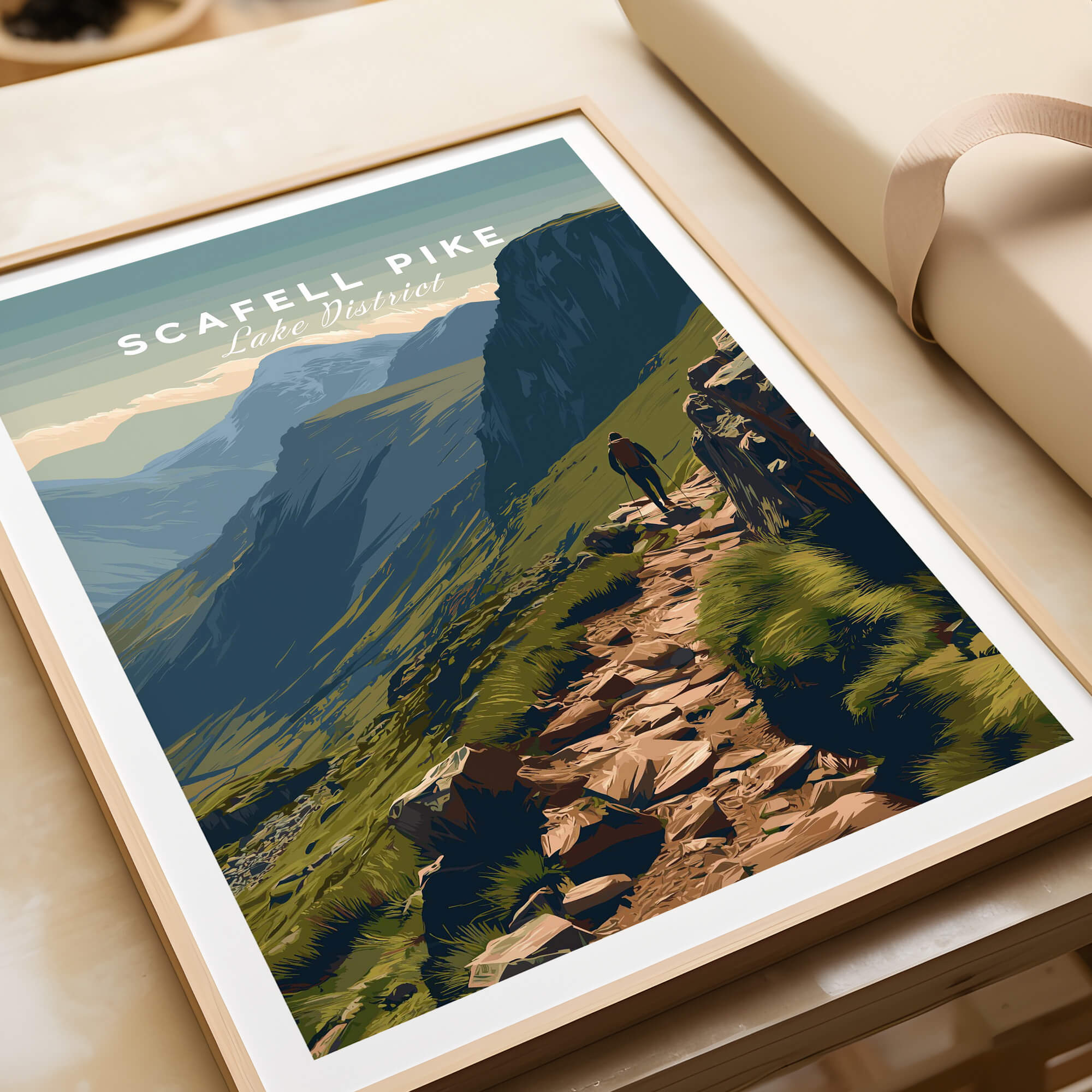 Scafell Pike Lake District Travel Poster | Mountain Valley View Wall Art Print showcasing a hiker on a scenic trail.