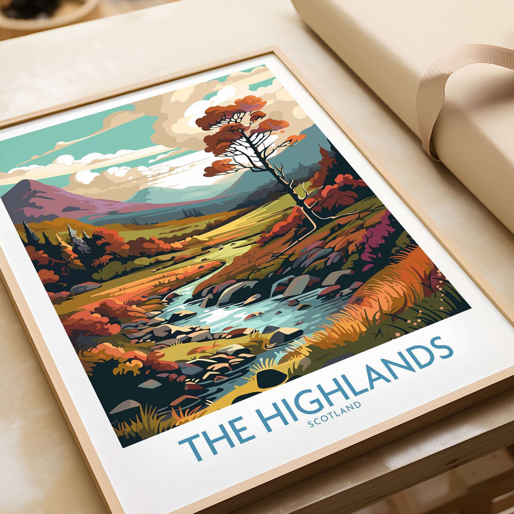 The Highlands Scotland Art Print showcasing vibrant colors and scenic beauty of the Scottish landscape.
