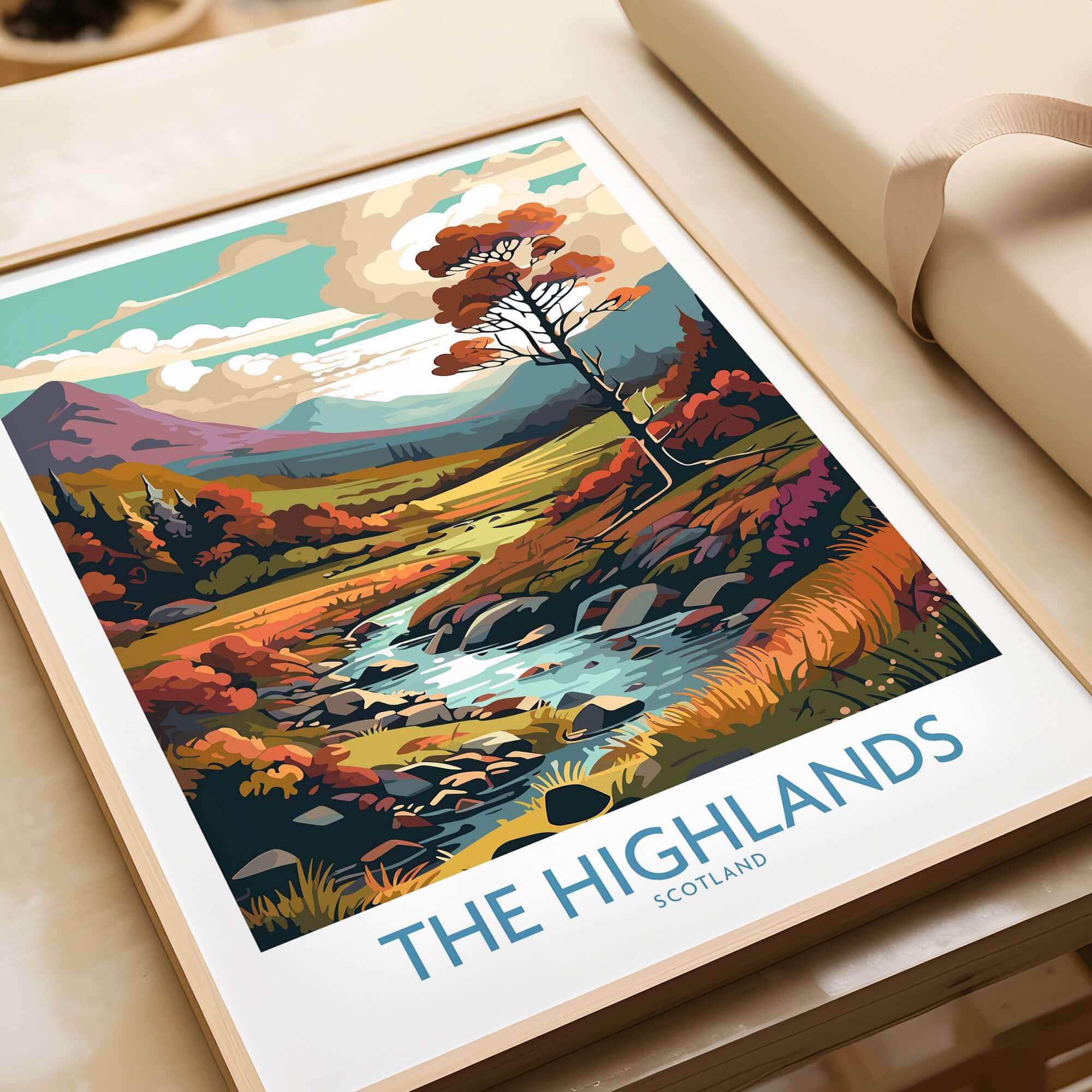 The Highlands Scotland Art Print showcasing vibrant colors and scenic beauty of the Scottish landscape.
