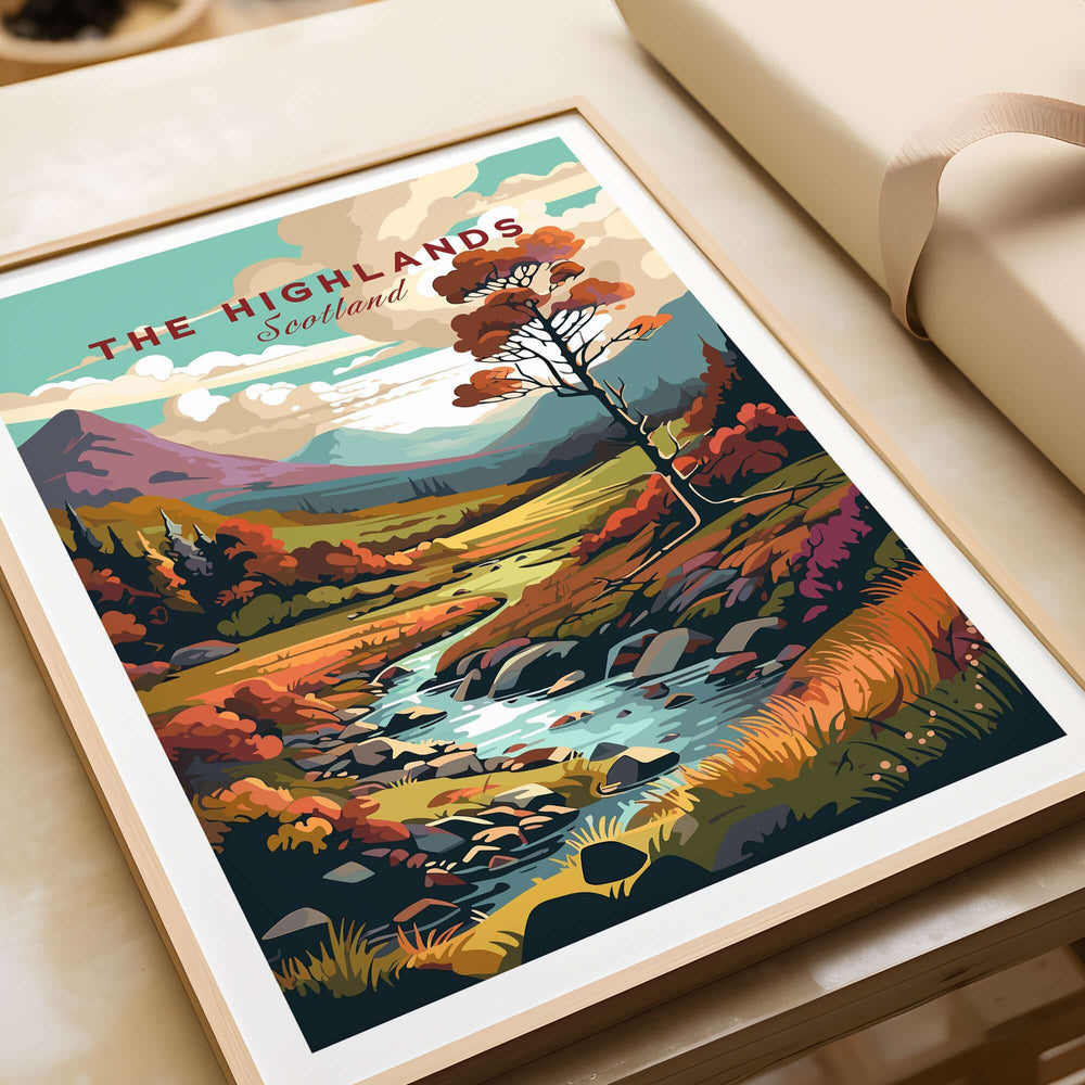 Scottish Highlands Wall Art featuring stunning landscape of Scotland with vibrant colors and detailed scenery.