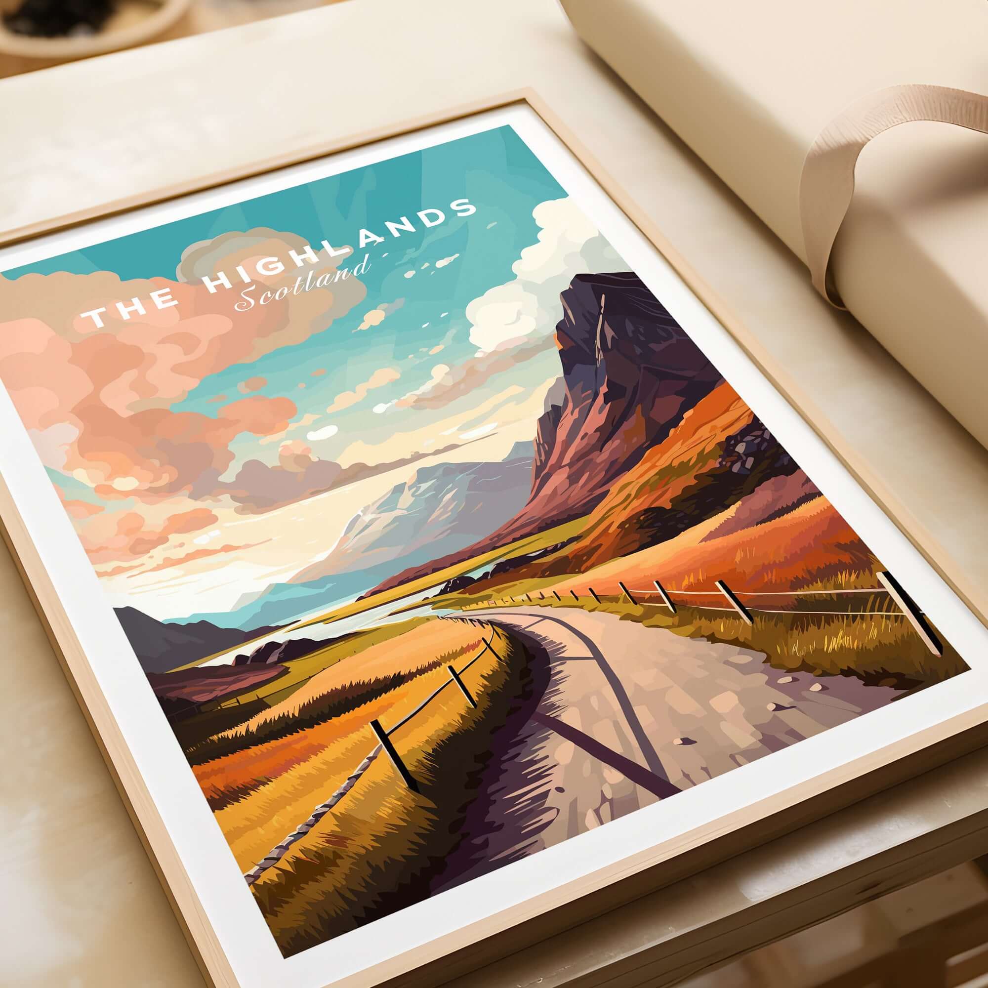Scottish Highlands Art Print featuring a vibrant landscape of the Highlands in Scotland.