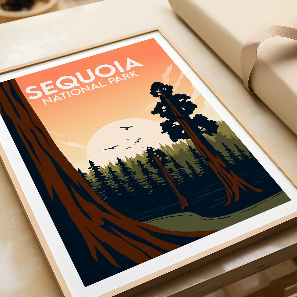 Sequoia National Park framed art print with sunrise and tall trees, unwrapped gift scene