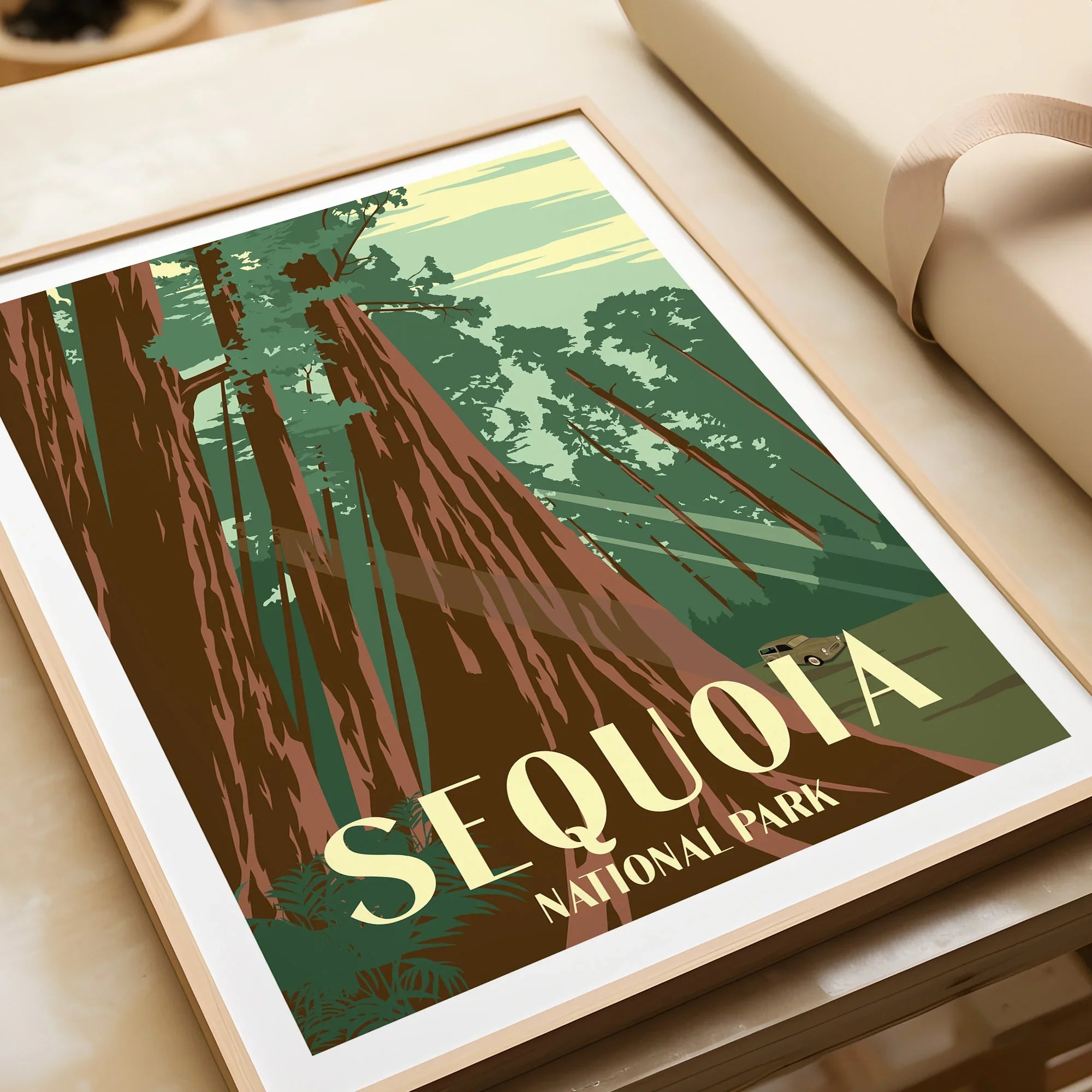 Framed Sequoia National Park art print with vintage trees and car, gift unwrapped.