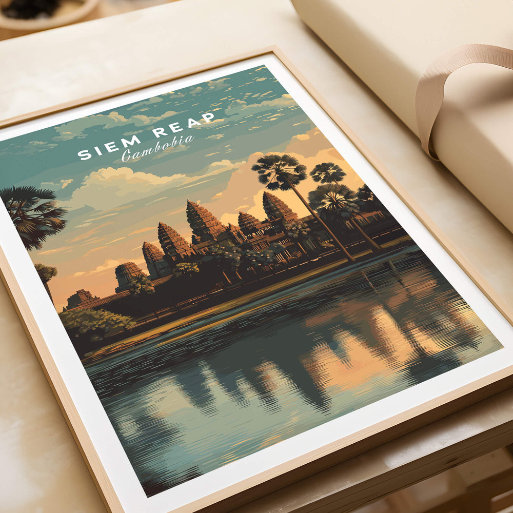 Siem Reap Poster Cambodia | Angkor Wat Temple Wall Art Print showcasing the majestic architecture against a sunset backdrop.