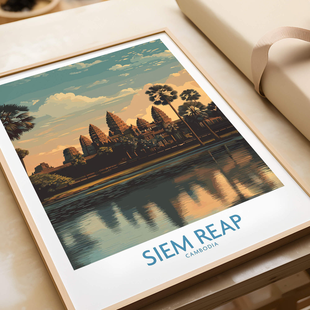 Siem Reap Canvas Print | Cambodia Khmer Poster showcasing ancient temples and scenic reflections.