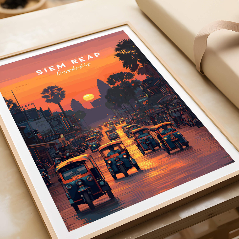 Siem Reap Wall Art Print | Cambodia Sunset Street Scene Travel Poster showcasing vibrant tuk-tuks at sunset.