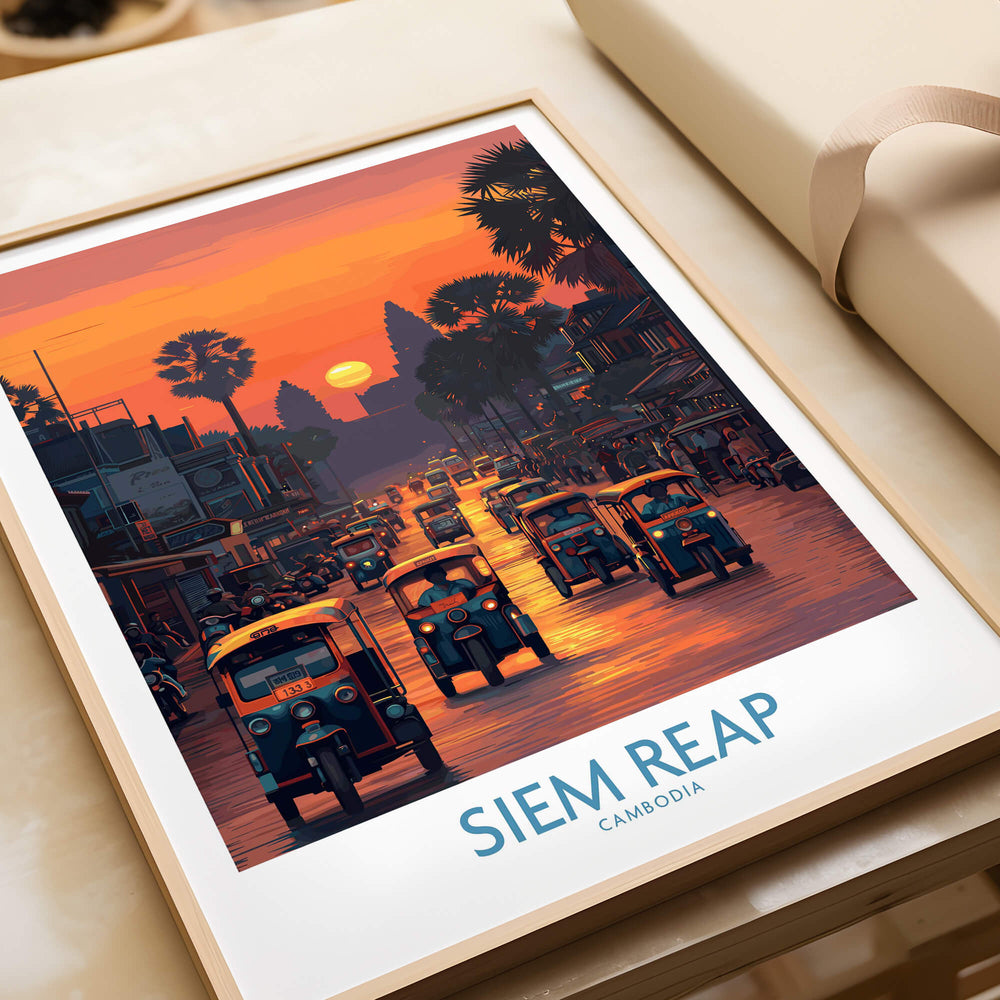 Siem Reap Poster | Bustling Tuk Tuk Cambodia Cityscape Canvas Print featuring vibrant tuk tuks at sunset.