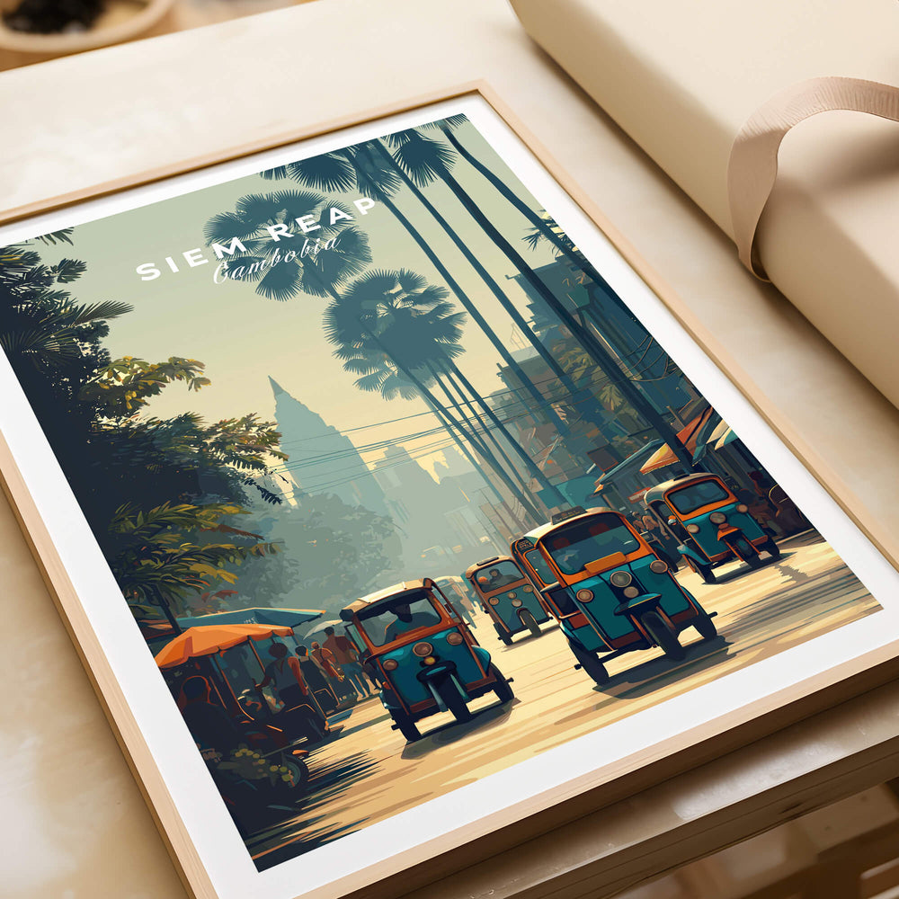 Siem Reap Cambodia Travel Poster | Tropical Town Street Wall Art Print featuring colorful tuk-tuks and palm trees.