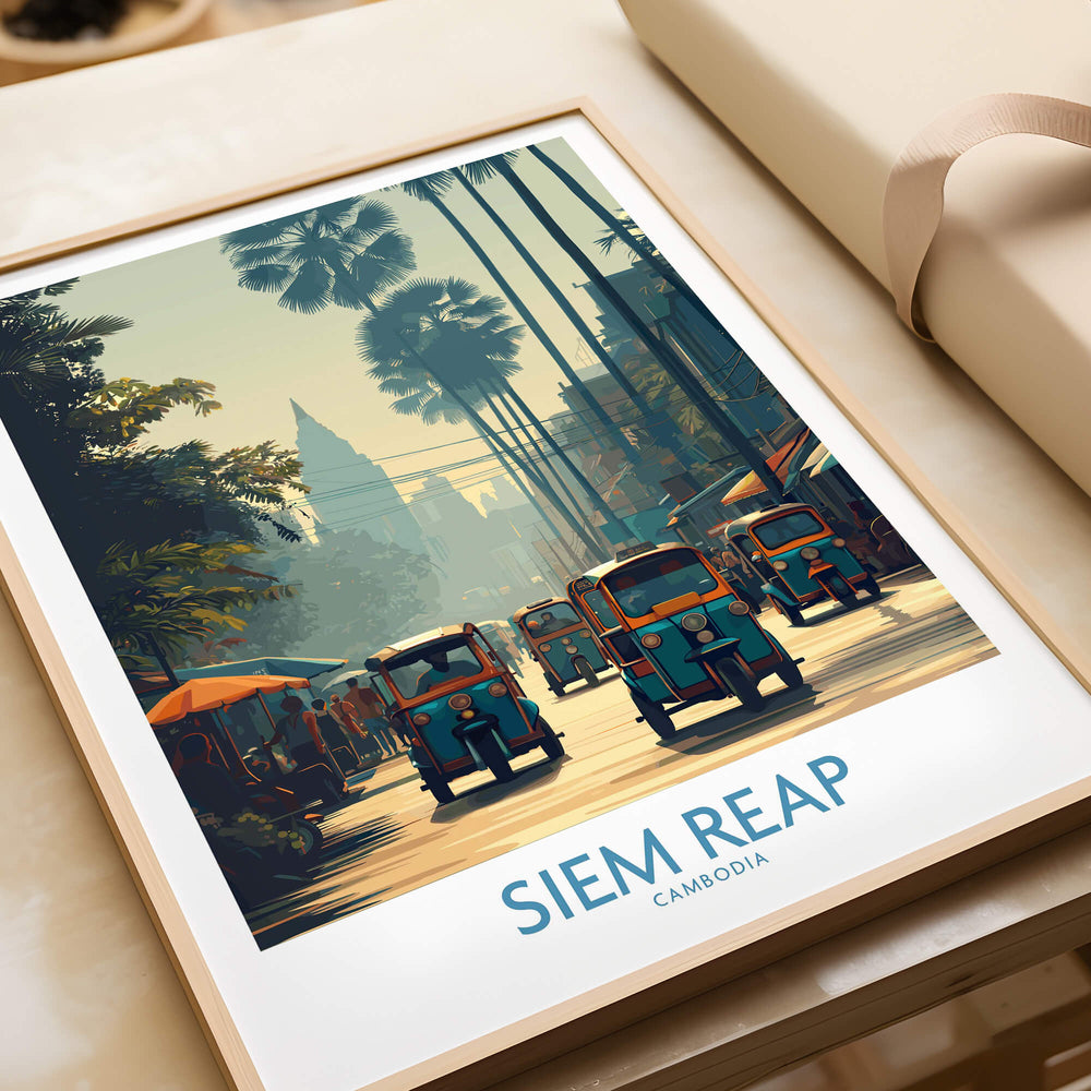 Siem Reap Cambodia Print | Canvas Poster featuring tuk tuks and vibrant street scenes in a captivating urban setting.