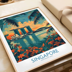 Singapore Travel Poster - Southeast Asia featuring Marina Bay Sands and tropical flora.