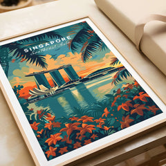 Singapore Wall Art Print - Southeast Asia Travel Poster featuring Marina Bay Sands and vibrant tropical foliage.