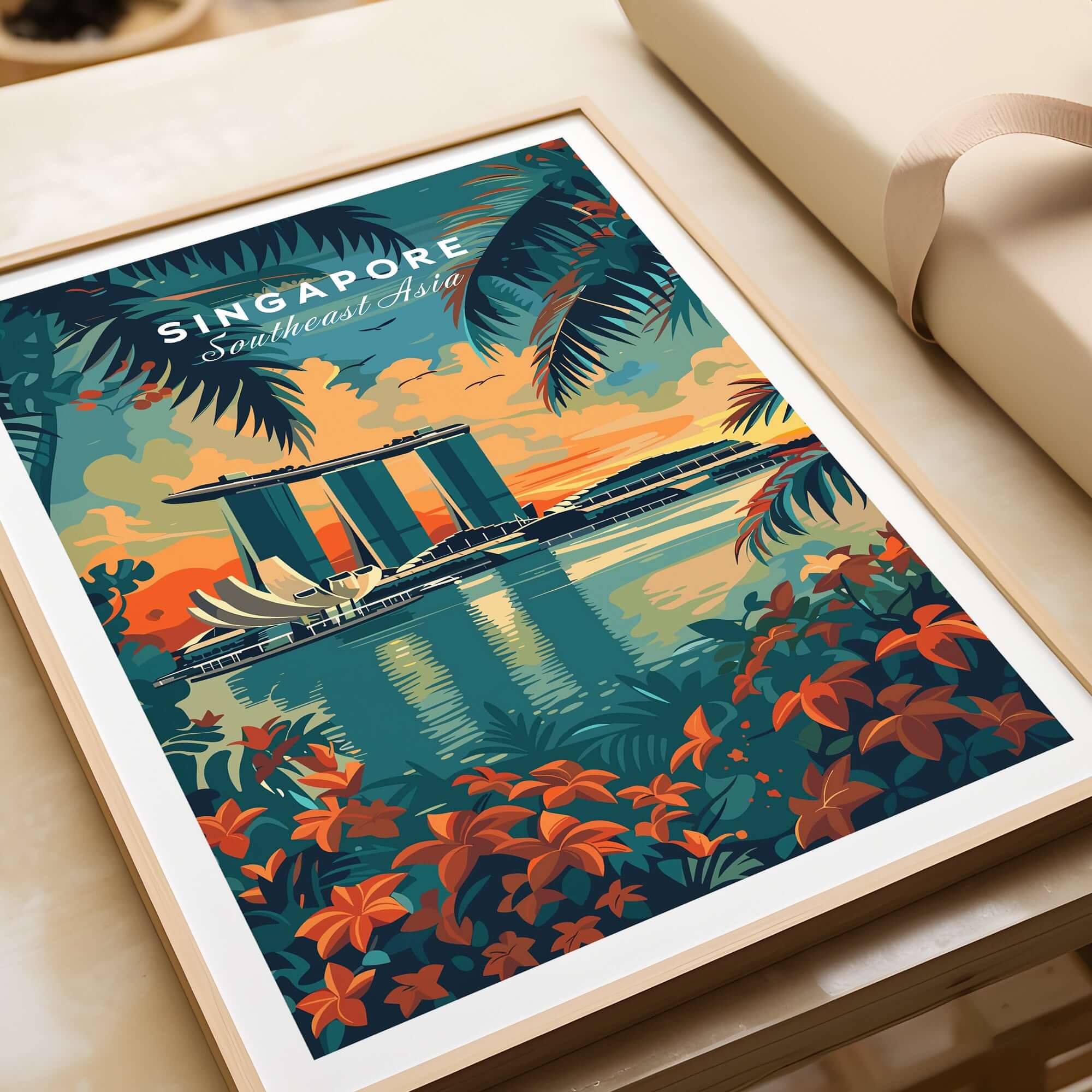 Singapore Wall Art Print - Southeast Asia Travel Poster featuring Marina Bay Sands and vibrant tropical foliage.