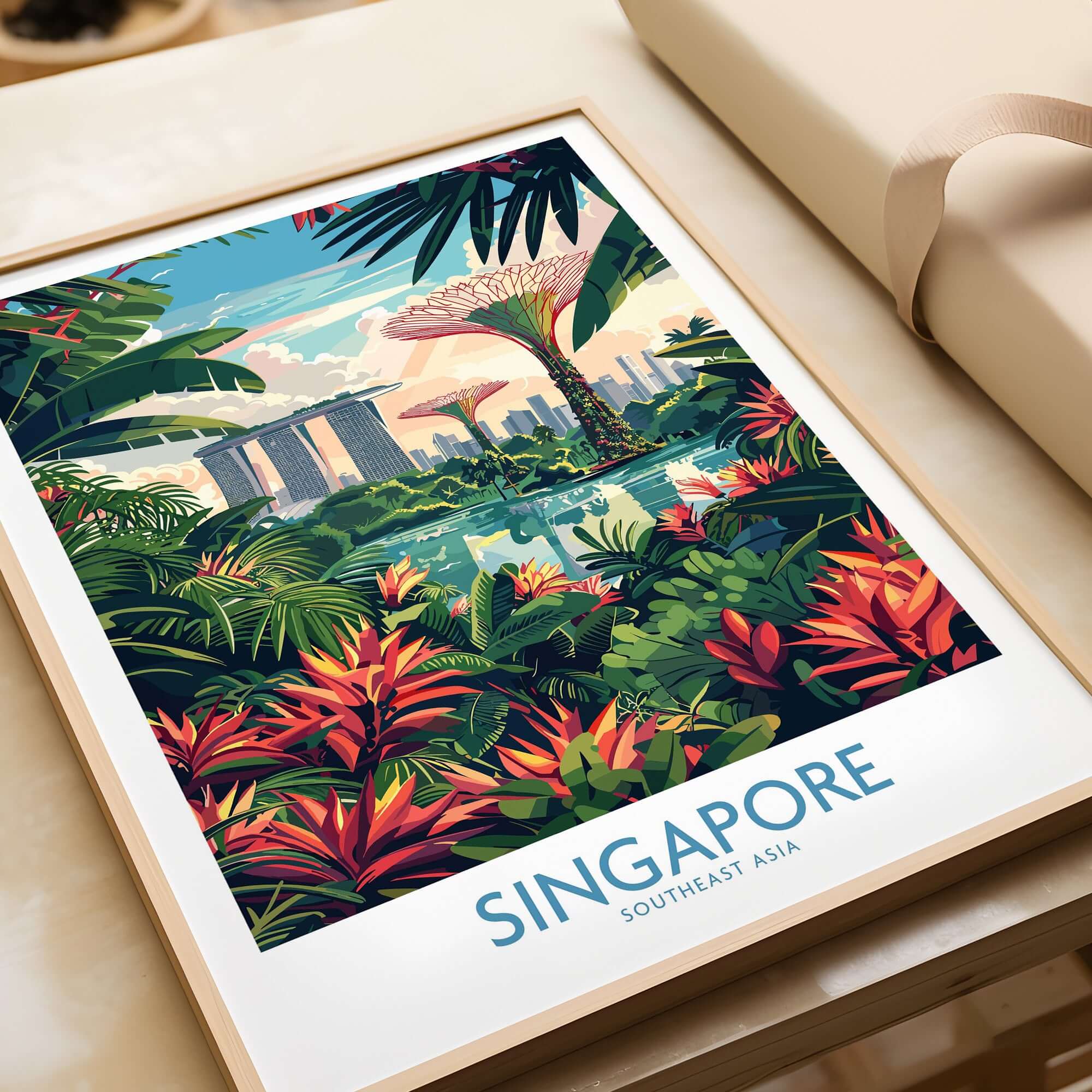 Singapore Gardens by the Bay Poster featuring vibrant colors and iconic landmarks of Singapore