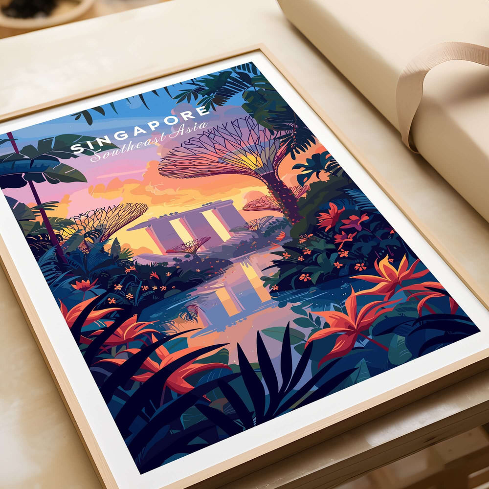 Singapore Poster showcasing Gardens on the Bay with vibrant colors and tropical foliage.
