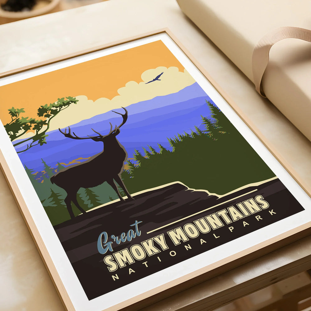 Framed Great Smoky Mountains National Park art print with elk silhouette and vibrant landscape