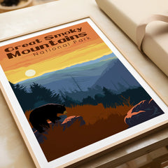 Framed Great Smoky Mountains National Park art print with sunrise, bear, and forest landscape
