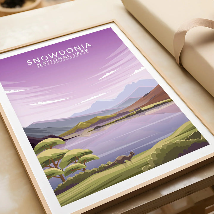 Snowdonia National Park framed art print with colorful landscape illustration, unwrapped gift