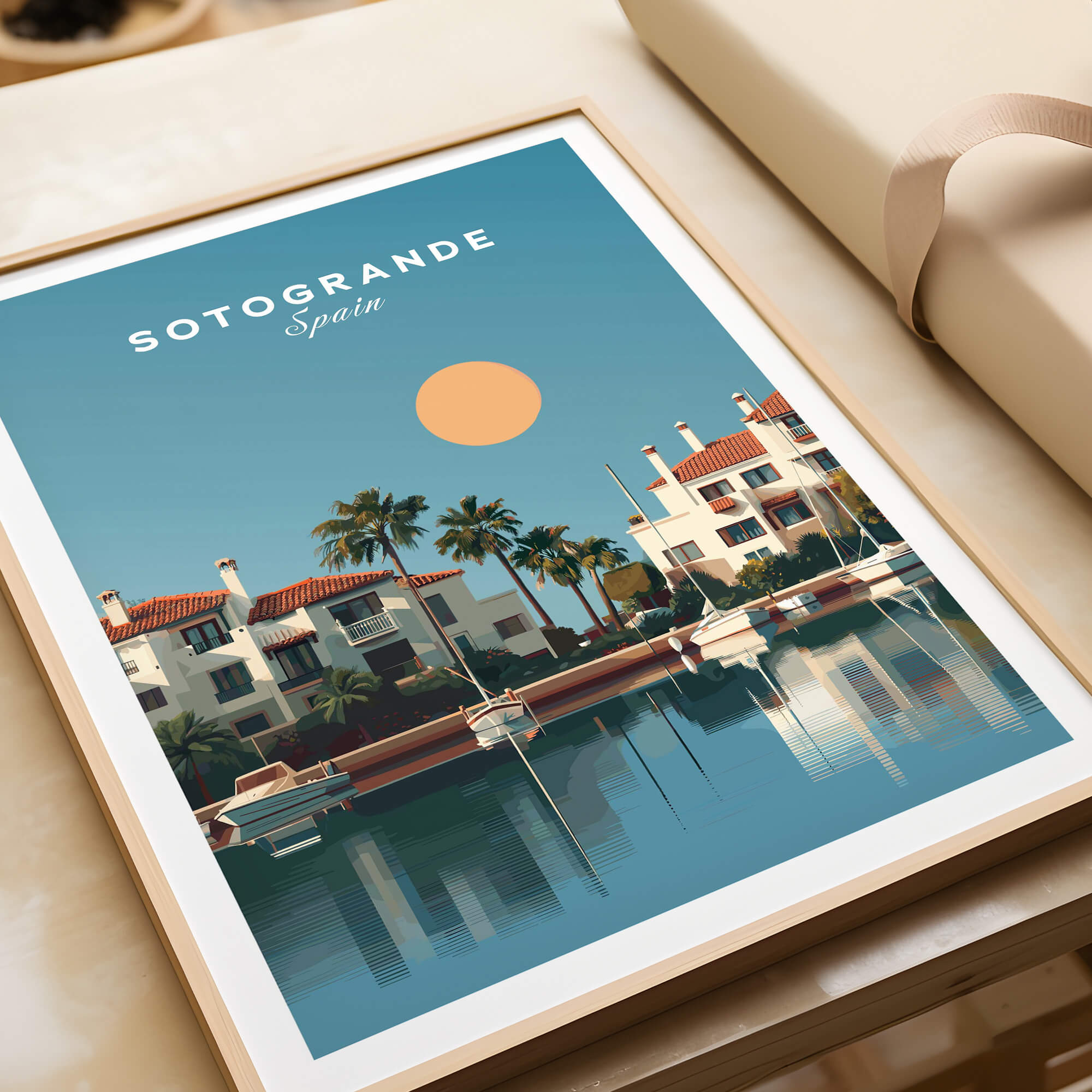 Sotogrande Spain Travel Poster | Luxury Marina & Boats Wall Art Print featuring a serene waterfront scene.