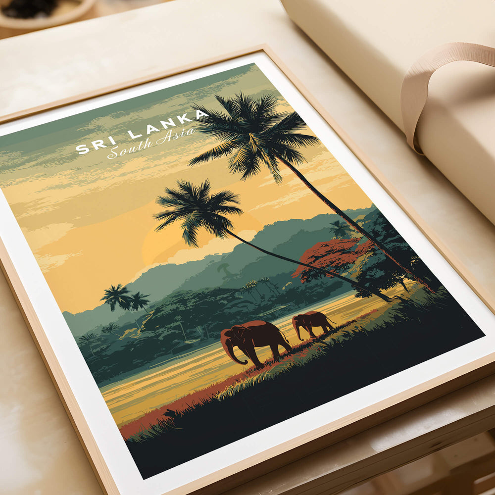Sri Lanka Wall Art Print | Sunset Elephant Landscape Travel Poster featuring elephants against a sunset landscape.