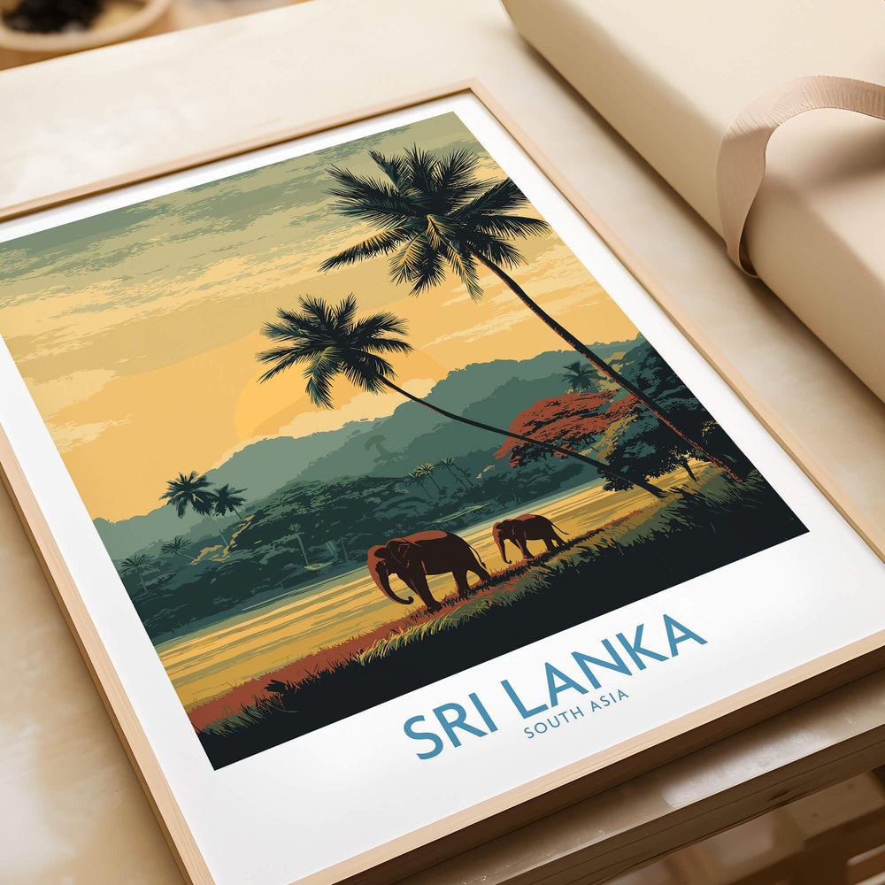 Sri Lanka Poster | Tropical Palm Tree & Elephant Canvas Print framed artwork featuring elephants and tropical palms.