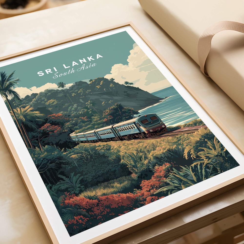 Sri Lanka Wall Art Print | Train Travel Poster showcasing a train journey through lush landscapes.