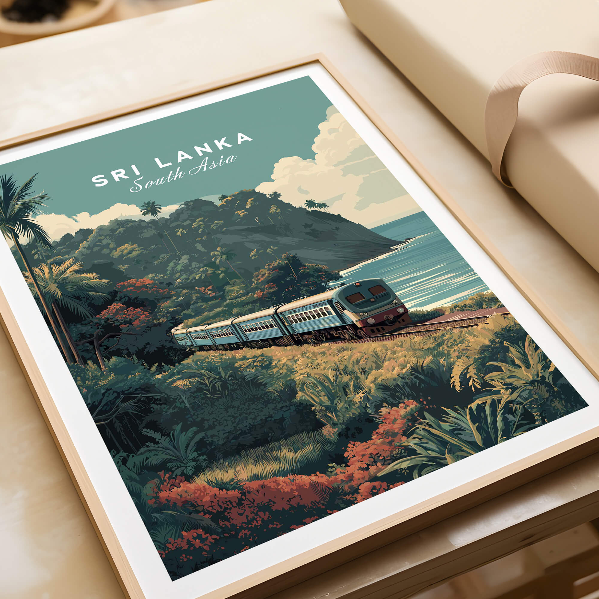 Sri Lanka Wall Art Print | Train Travel Poster showcasing a train journey through lush landscapes.