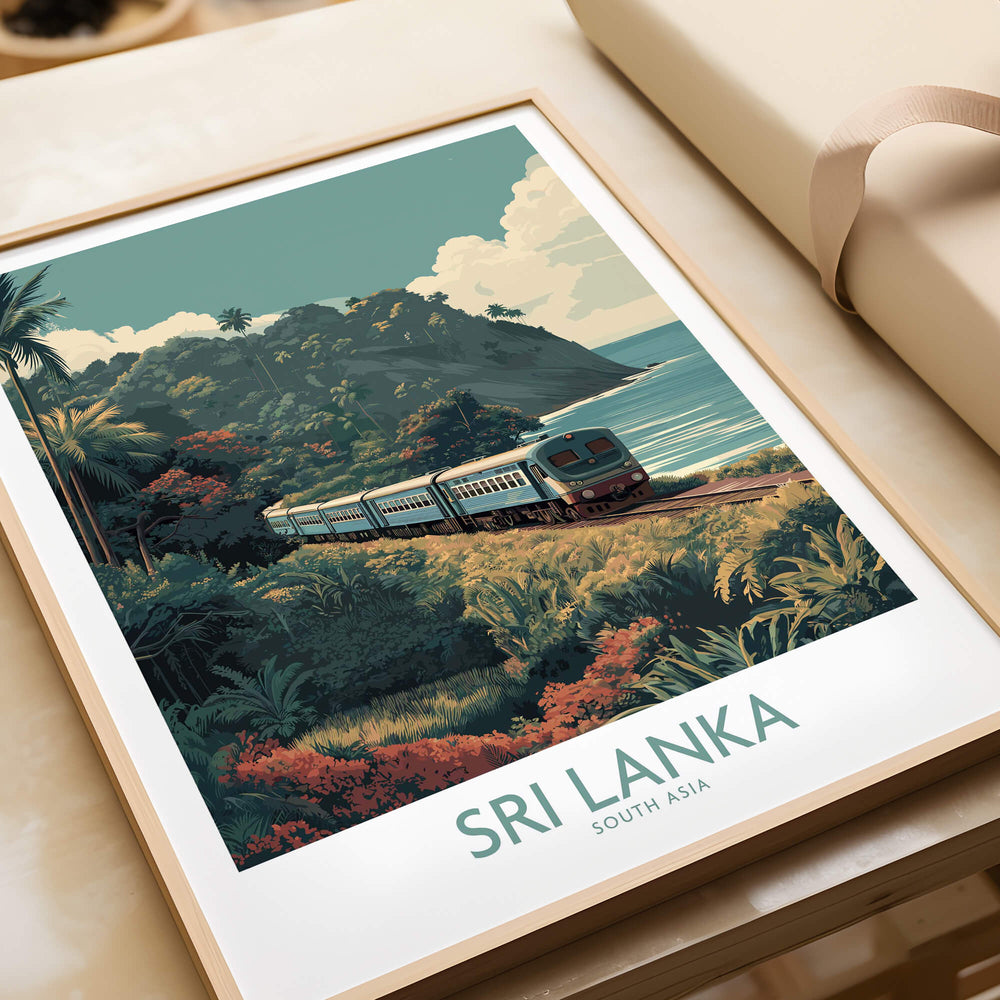 Sri Lanka Poster | Tropical Railway Canvas Print featuring a train on a scenic coastal route in lush tropical landscapes.