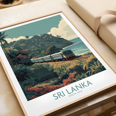 Sri Lanka Poster | Tropical Railway Canvas Print featuring a train on a scenic coastal route in lush tropical landscapes.