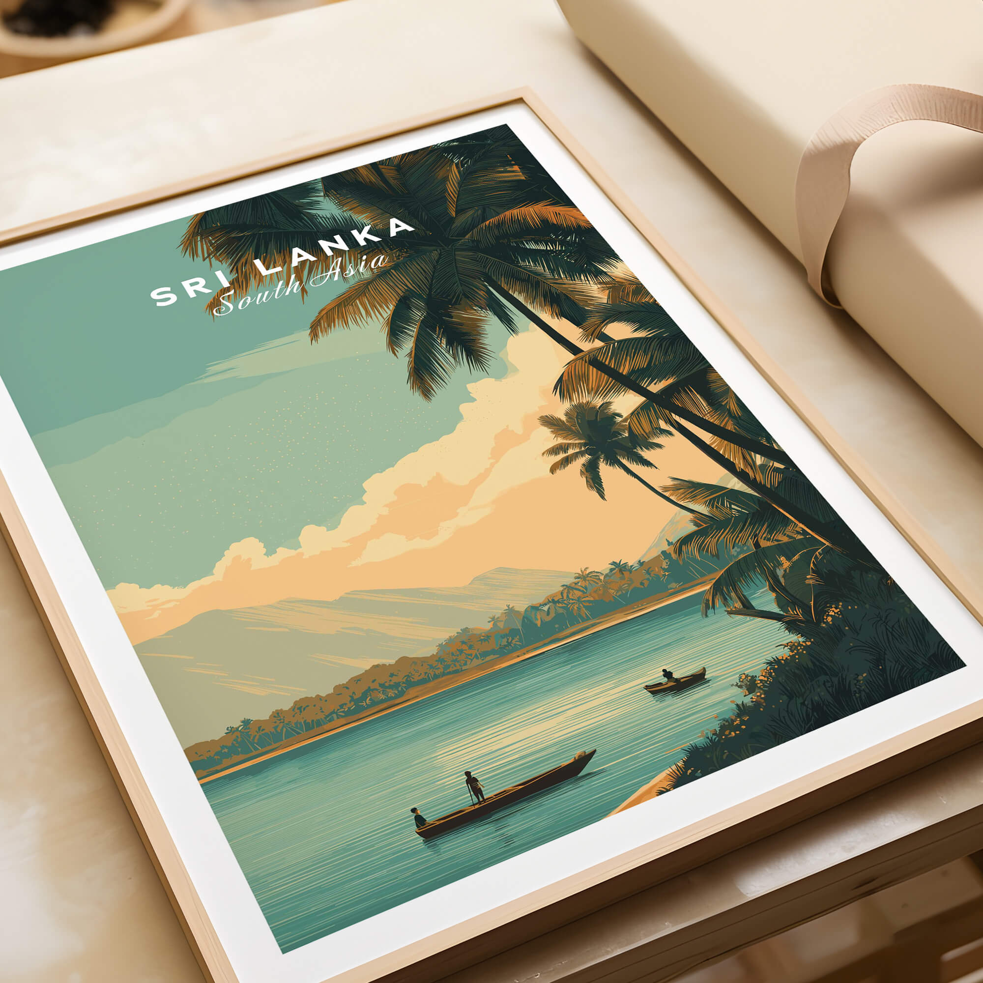 Sri Lanka Travel Poster | Sunset Wall Art Print featuring serene tropical landscape and calm waters.