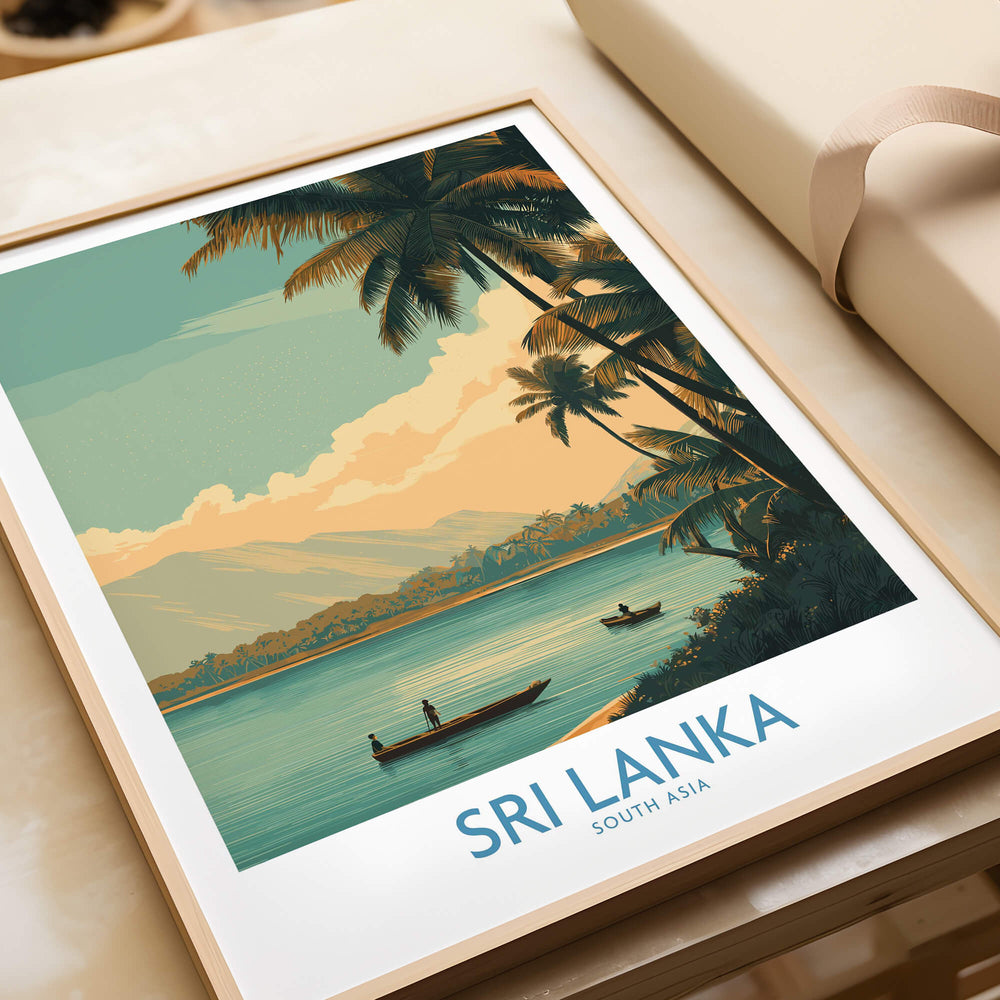 Sri Lanka Canvas Print | Traditional Boat Scene Poster beautifully showcasing palm trees and boats on serene waters.