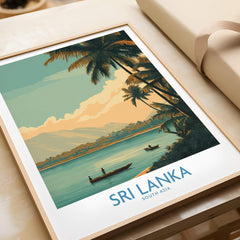 Sri Lanka Canvas Print | Traditional Boat Scene Poster beautifully showcasing palm trees and boats on serene waters.