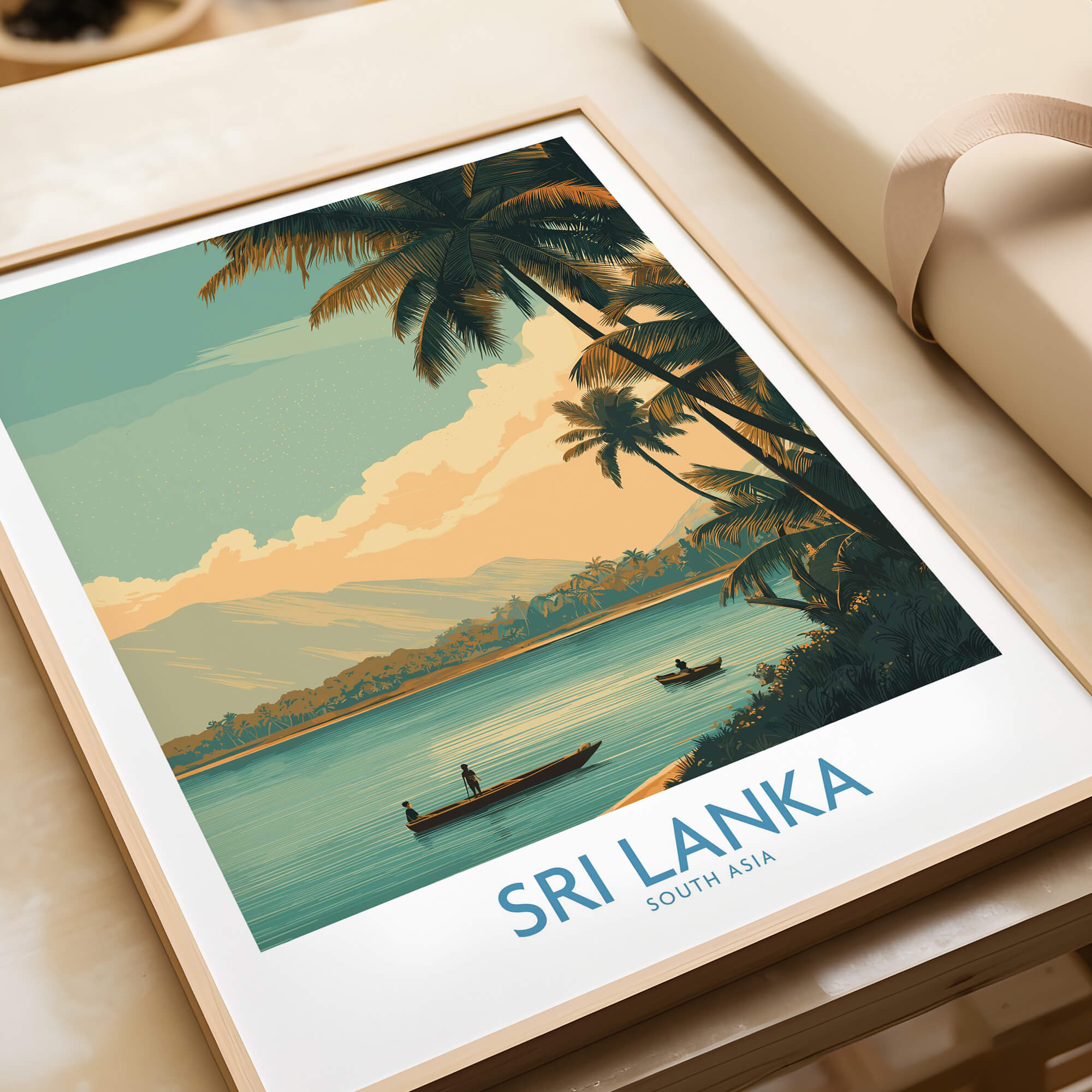 Sri Lanka Canvas Print | Traditional Boat Scene Poster beautifully showcasing palm trees and boats on serene waters.