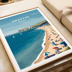 Swanage Dorset Wall Art Print | British Seaside Beach Travel Poster depicting serene coastal scene with beach umbrellas and sailboats.