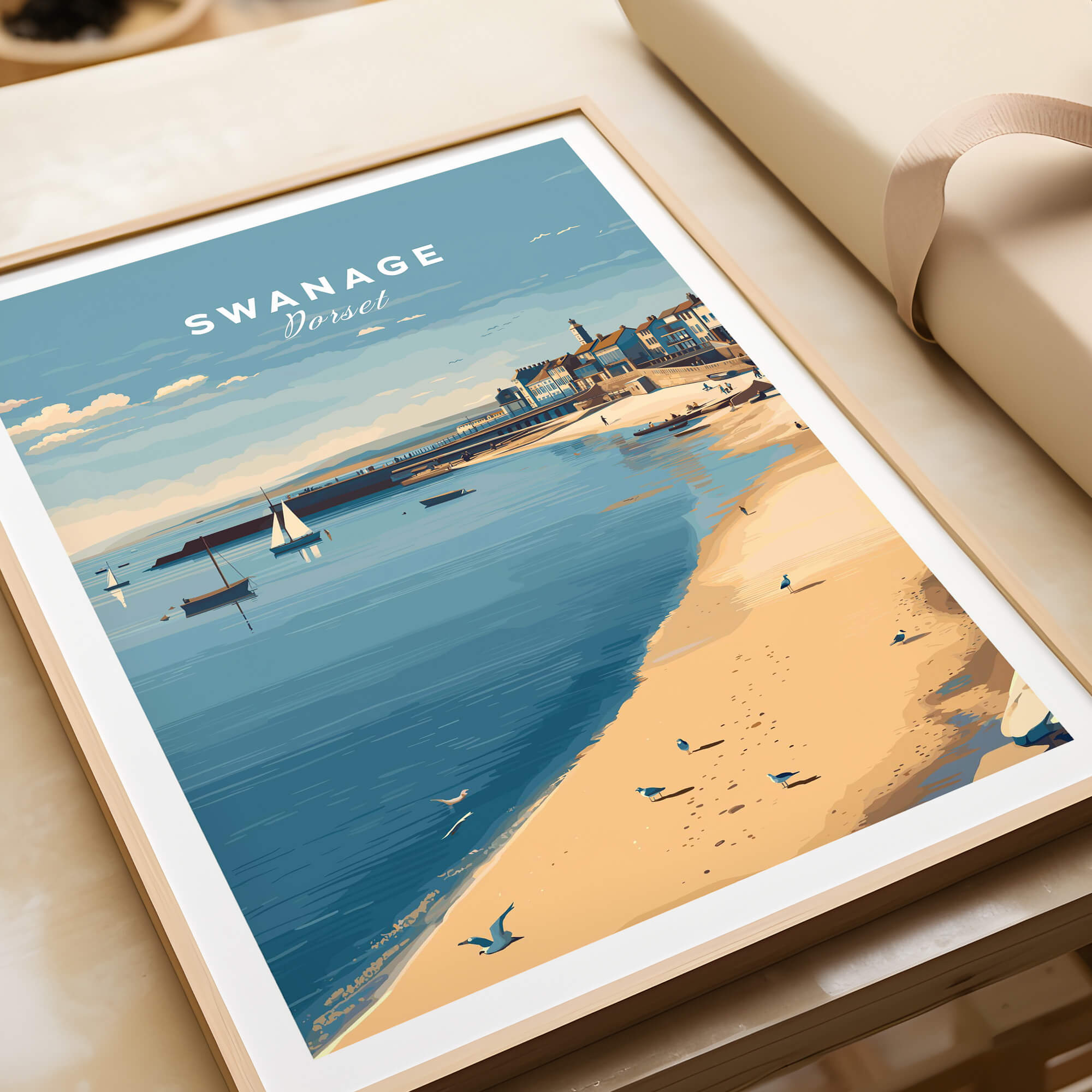Swanage Dorset Travel Poster | English Coastal Town Wall Art Print showcasing the serene beach and boats.