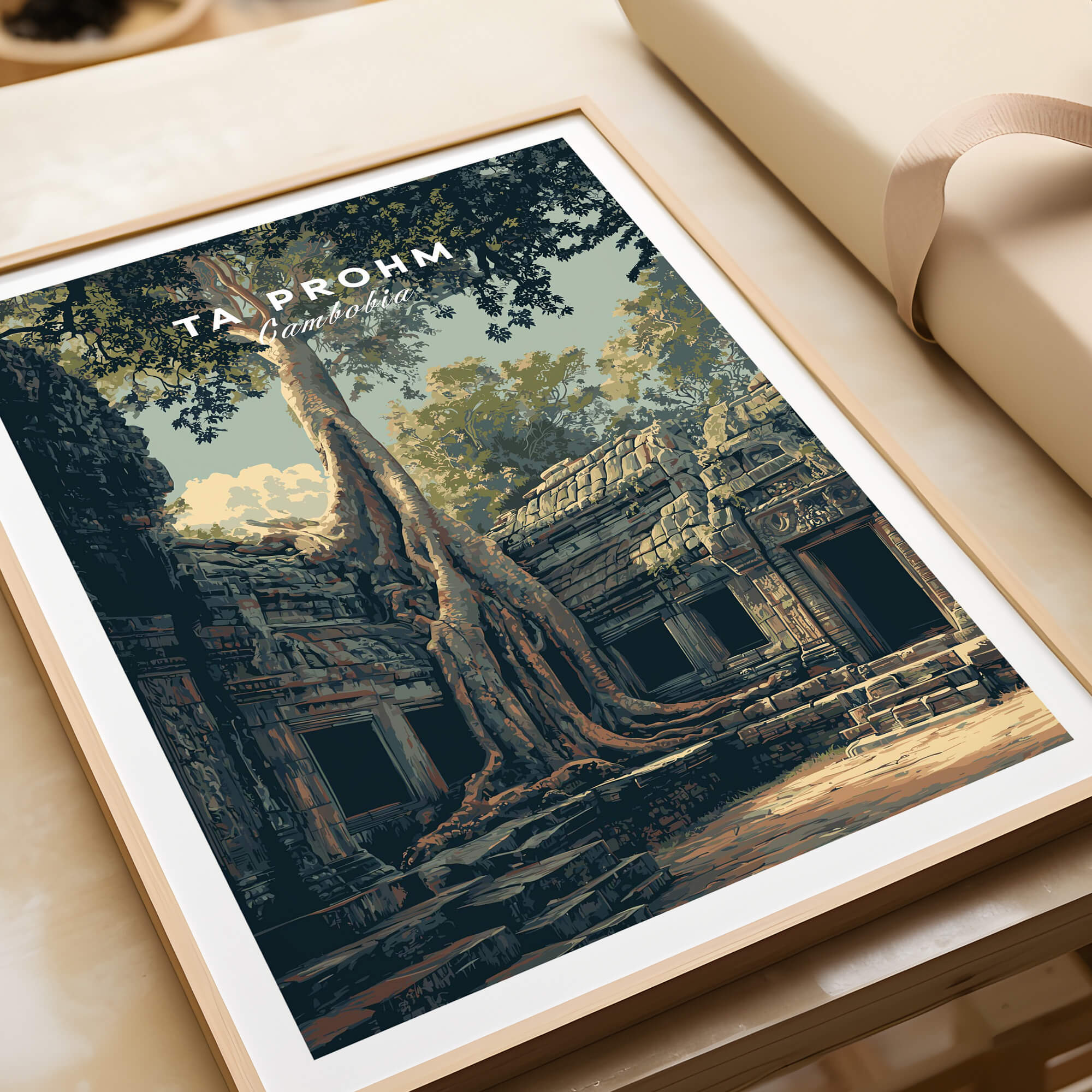 Ta Prohm Cambodia Travel Poster | Ancient Temple Jungle Ruins Wall Art Print featuring the enchanting Ta Prohm temple.