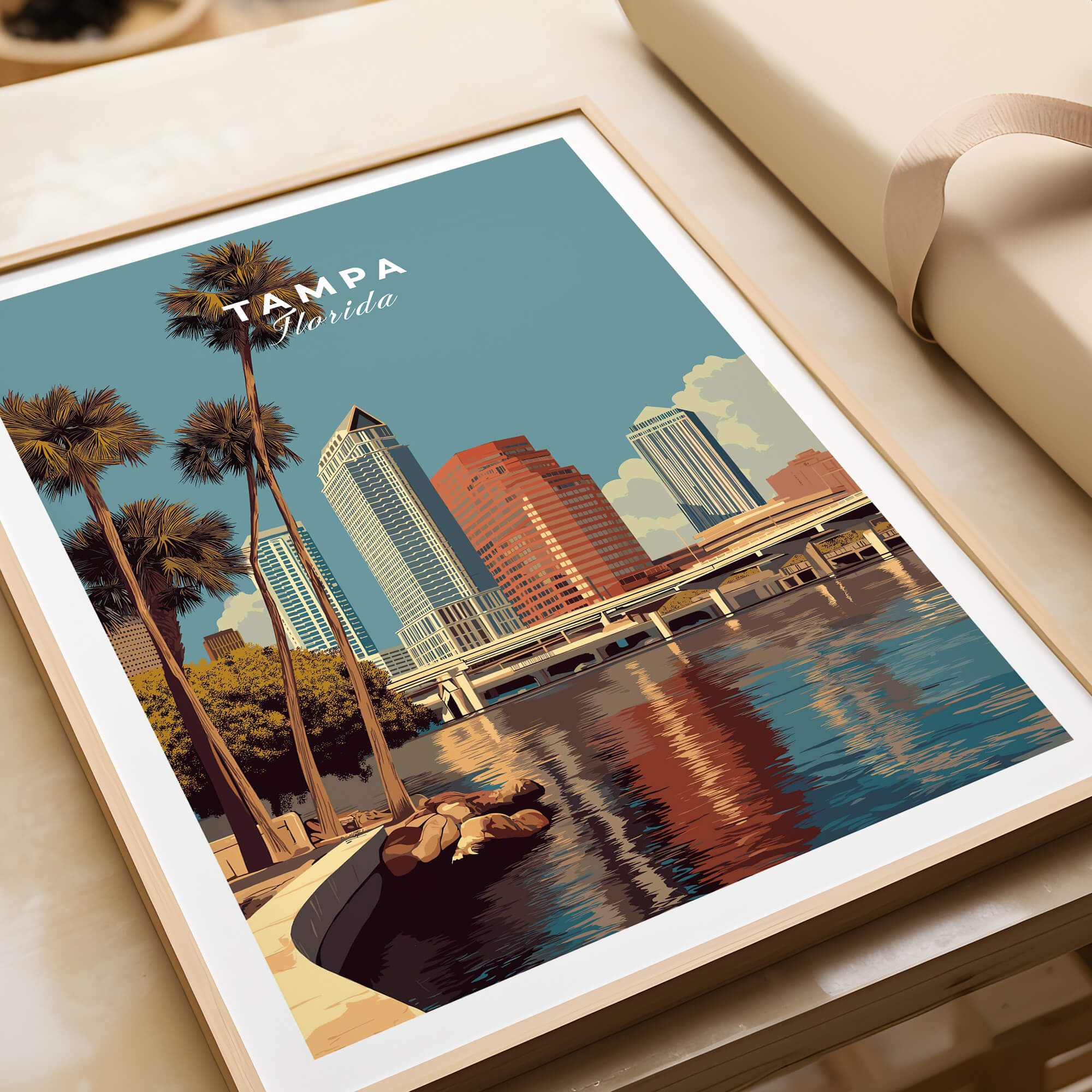 Tampa Florida Wall Art Print | Downtown City Skyline Travel Poster showcasing Tampa's skyline and waterfront.