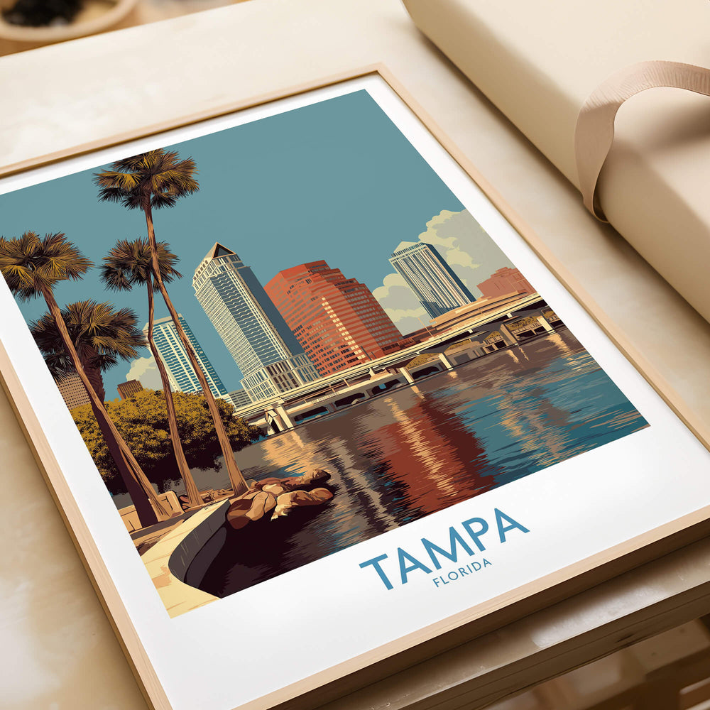 Tampa Florida Poster | Waterfront Sunset Cityscape Canvas Print showcasing vibrant skyline and waterfront reflections.