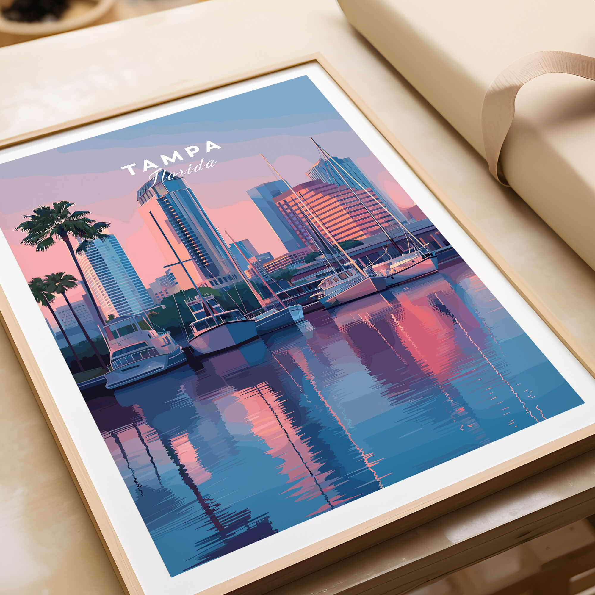 Tampa Florida Travel Poster | Marina Harbor & Skyline Wall Art Print showcasing a vibrant marina and skyline reflection.