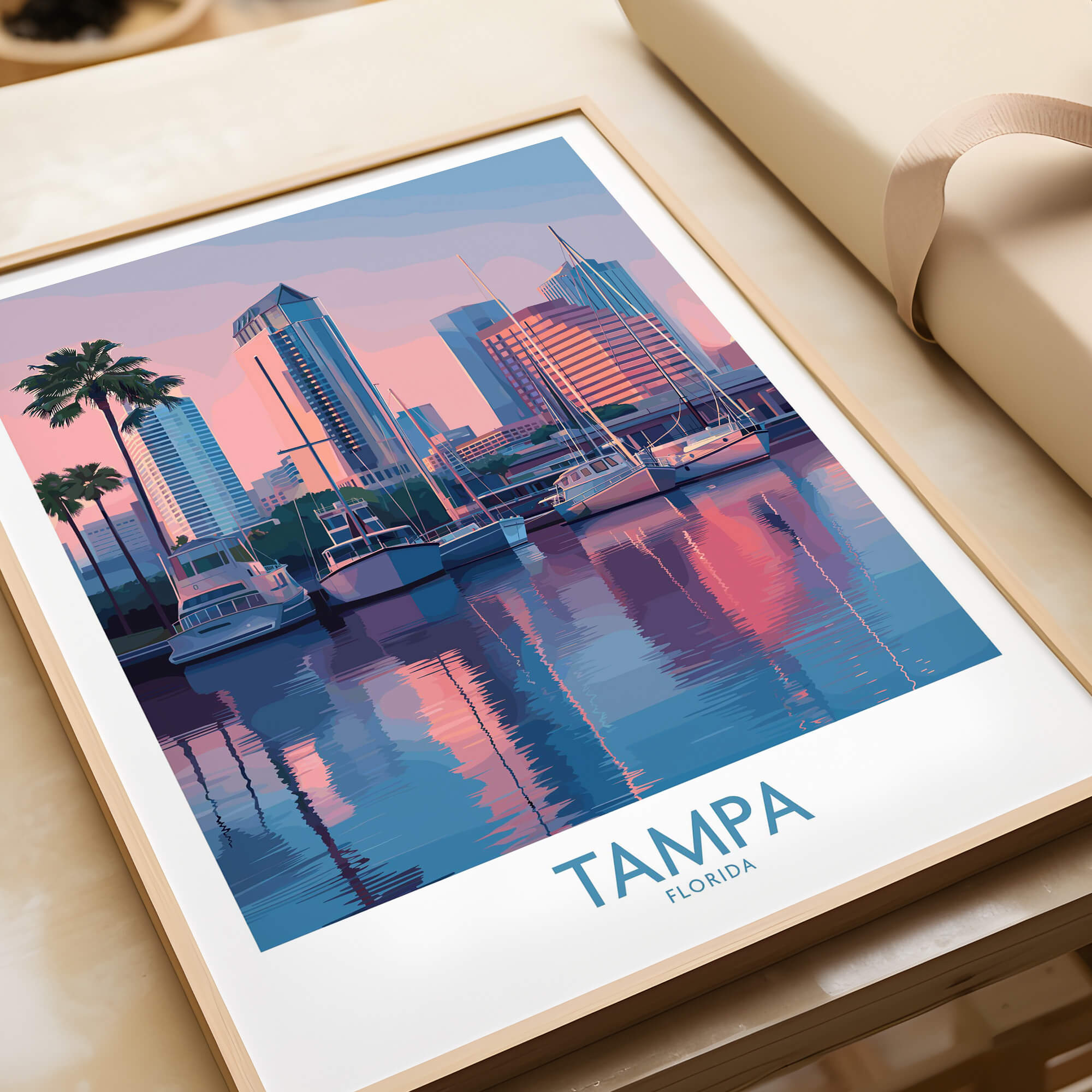 Tampa Florida Canvas Print | Sunset Bay & Sailboat Landscape Poster - colorful cityscape with boats and palm trees.