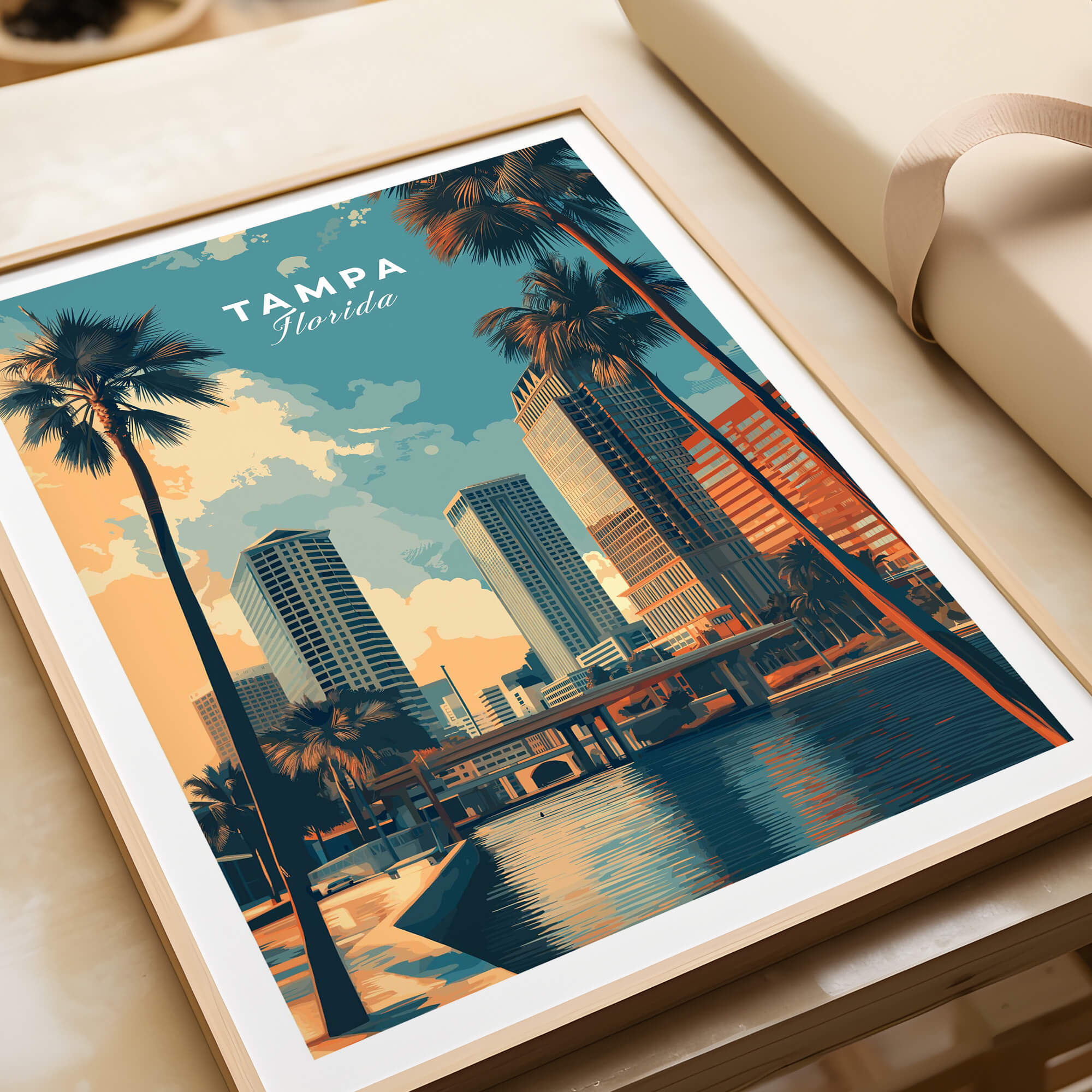 Tampa Florida Wall Art Print | Palm Trees & Modern Skyline Travel Poster featuring vibrant skyline and palm trees.