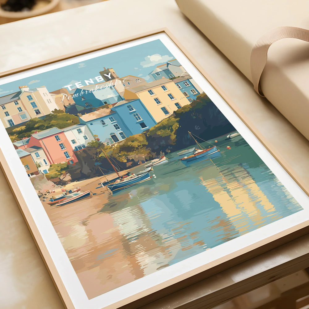 Framed Tenby Pembrokeshire travel print with colorful houses and boats by the water.