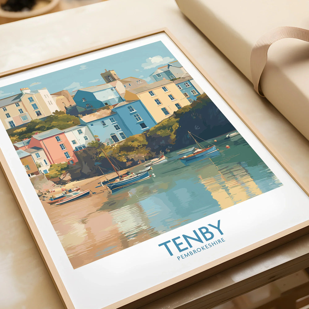 Framed Tenby Pembrokeshire art print with colorful houses and boats, unwrapped on table