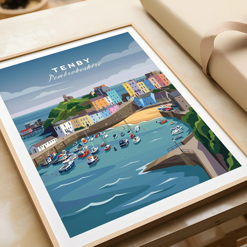 Framed Tenby Pembrokeshire travel poster print showing colorful harbor and boats, unwrapped as a gift.
