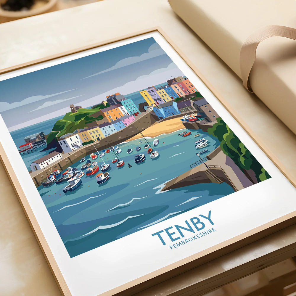 Framed Tenby Pembrokeshire travel art print featuring colorful harbor and boats closeup