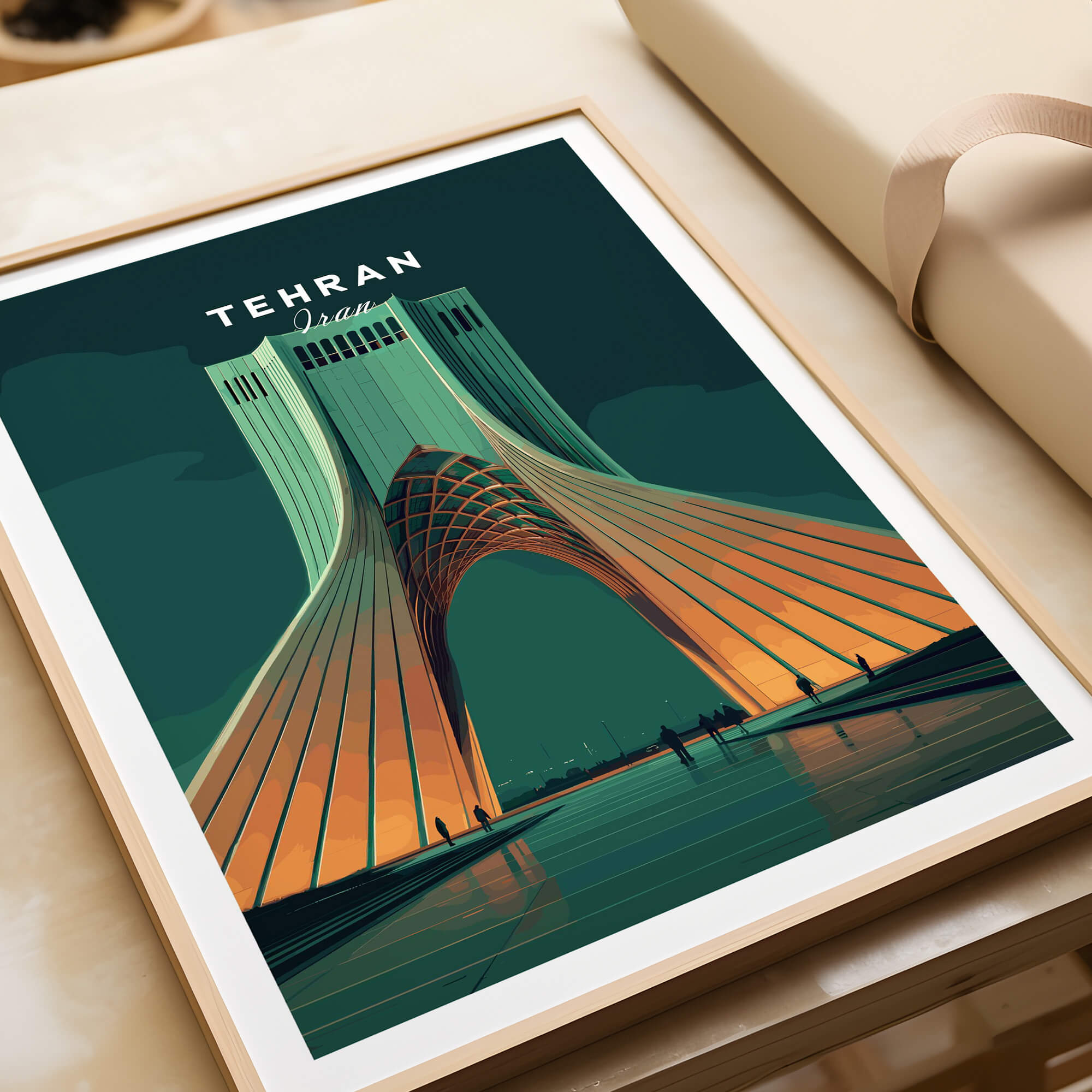 Tehran Iran Travel Poster | Azadi Tower Landmark Wall Art Print in vibrant colors and artistic design.