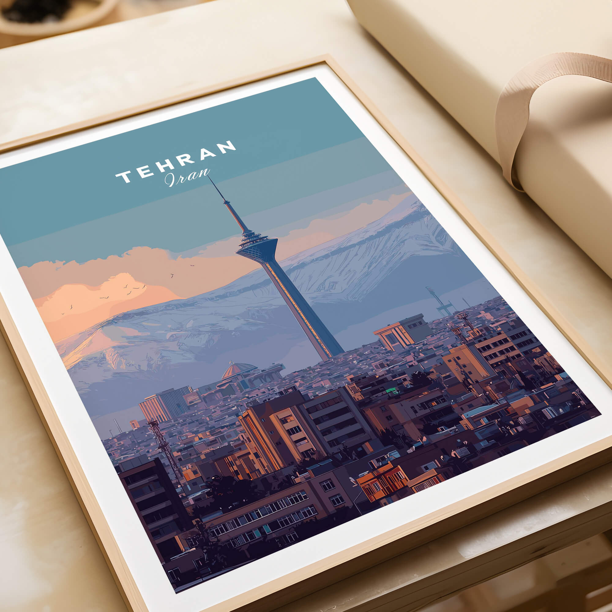 Tehran Iran Travel Poster | Alborz Mountains Skyline Wall Art Print showcasing the Tehran skyline and mountains.