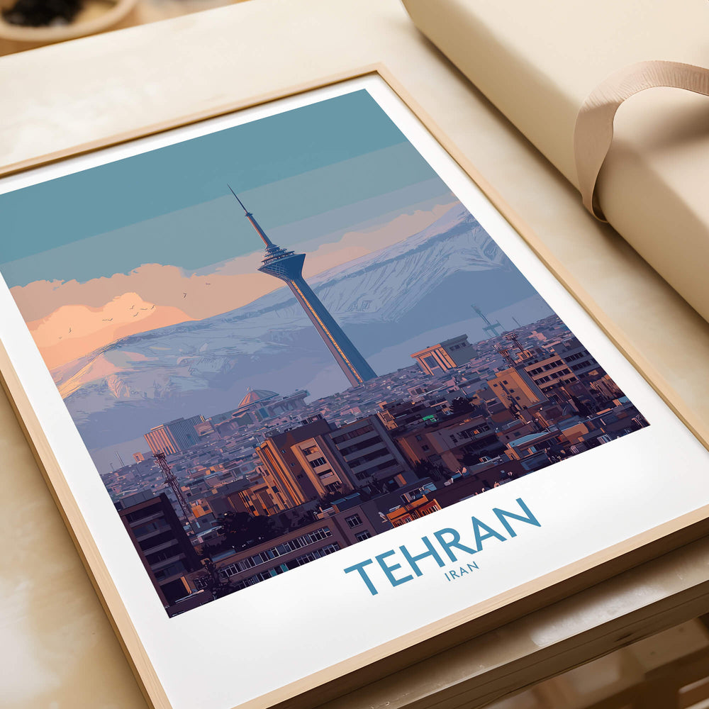 Tehran Iran Canvas Print | Evening City Landscape Poster framed artwork depicting a serene cityscape at twilight.